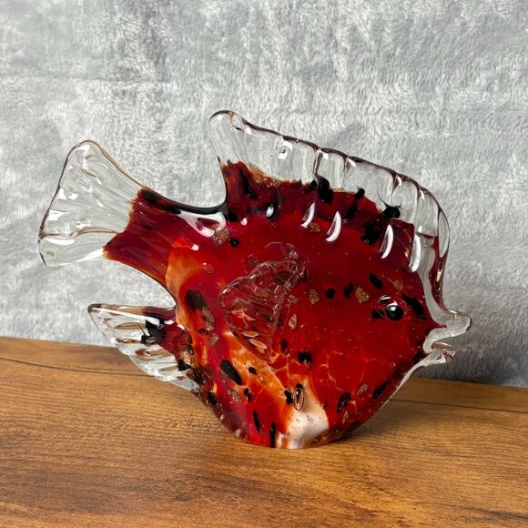 Handcrafted Glass Angel Fish Sculpture Red Clear Gold Crystal Piece Murano Style - Picture 1 of 8